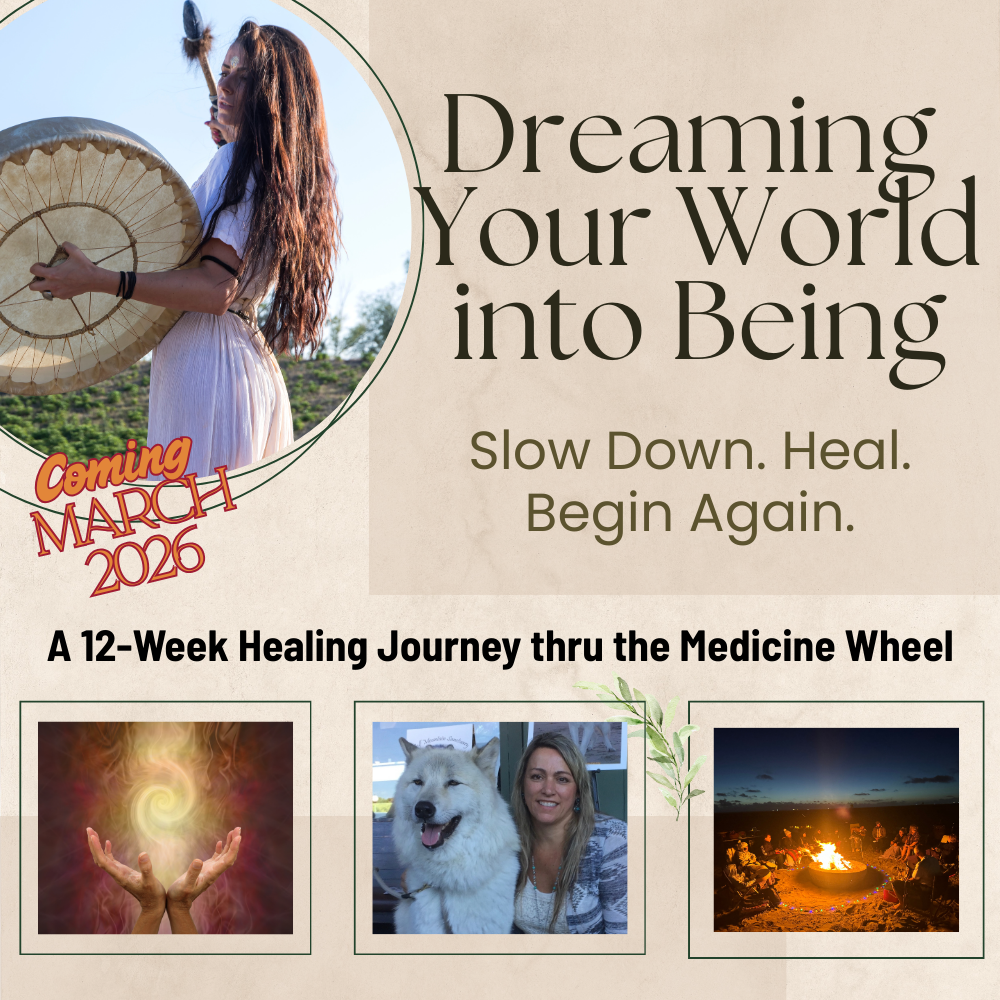 Promotional graphic for a 12-week healing journey titled 'Dreaming Your World into Being' with images of a woman, a dog, and a sunset. Slow Down. Begin to heal again. Coming March 2026. A 12-week healing journey thru the Medicine Wheel
